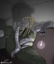 abs autofellatio balls big_balls big_penis biting_foreskin crop_top fire foreskin lakuto pants penis ring sagging_balls