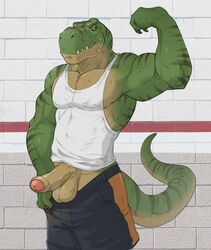 abs anthro badcoyote balls biceps clothed clothing dinosaur erection flexing gym looking_at_viewer male male_only mammal muscular muscular_male pecs penis pinup pose shirt shorts solo standing theropod tight_clothing tyrannosaurus_rex uncut vein veiny_penis