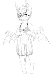 bat_pony blush bottomless breasts clothed clothing equine fan_character fangs female mammal monochrome my_little_pony nolegs_(oc) pussy replica_(artist) ring small_breasts solo standing wedding_ring