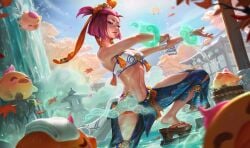 1girls abs absurd_res absurdres asian_female bathing feet female female_only league_of_legends league_of_legends:_wild_rift looking_at_viewer navel partially_clothed pink_hair purple_eyes riot_games sauna sfw short_hair tummy wet yunara yunara_(league_of_legends)