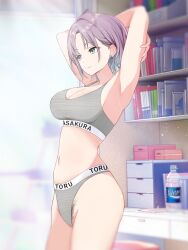 ahoge armpits arms_behind_back arms_up asakura_toru bare_arms bare_belly bare_legs bare_shoulders bare_thighs belly_button big_breasts blue_eyes blush breasts cleavage closed_mouth earrings gradient_hair grey_panties grey_sports_bra idolmaster idolmaster_shiny_colors indoors multicolored_hair panties pubic_hair_peek purple_hair saint_laurent_paris short_hair sports_bra standing thighs underwear