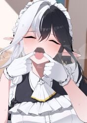 absurdres apron black_hair blush closed_eyes commission earrings eileennoir female finger_in_own_mouth gloves highres indie_virtual_youtuber jewelry long_hair maid maid_apron maid_headdress multicolored_hair open_mouth oral_invitation pointy_ears short_sleeves skeb_commission solo sweat teeth tongue tongue_out two-tone_hair upper_teeth_only virtual_youtuber white_apron white_gloves white_hair yanagui_yugi