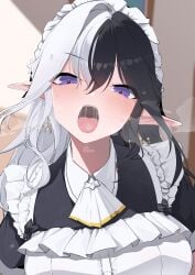 absurdres apron black_hair blush commission earrings eileennoir female gloves gokkun highres indie_virtual_youtuber jewelry long_hair looking_at_viewer maid maid_apron maid_headdress multicolored_hair open_mouth pointy_ears purple_eyes saliva short_sleeves skeb_commission solo sweat teeth tongue tongue_out two-tone_hair upper_teeth_only virtual_youtuber white_apron white_gloves white_hair yanagui_yugi