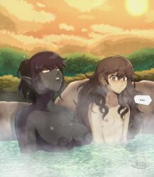 2girls barbara_(heimdall) black_hair black_skin breasts brown_hair dark_elf dark_elf_female elf elf_female female he1md4ll hot_spring looking_at_breasts purple_eyes red_eyes water yultarinn