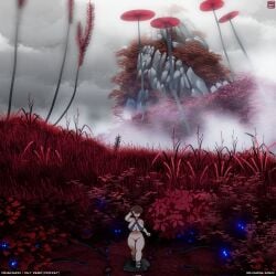 alien_landscape alien_planet alien_plants alien_world bikini_top blank_background bottomless brown_hair closed_eyes clouds dckiq demi_(dckiq) eel erotiform erotiform_(dckiq) eyes fauna flora giant_flora glowing_eyes hand_in_hair hidden_creatures landscape landscape_background large_breasts megaflora mountains no_panties no_pants pale_skin red_grass reverse_eden_(dckiq) short_hair surrounded surrounded_by_eyes top_only white_background wrap_bikini wrap_bra wrap_top