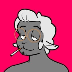 1boy anthro_sheep artist_sona blank_background brown_skin bust cigarette cigarette_in_mouth color_background dark_skin dckiq dckiq_(dckiq) droopy_eyes facial_hair glasses goatee humanoid_sheep hybrid_human hybrid_sheep implied_nudity implied_shirtless plain_background profile_picture round_glasses sheep sheep_ears sheep_mouth sheep_nose short_hair shoulder_up sleepy_eyes smoking smoking_cigarette white_hair
