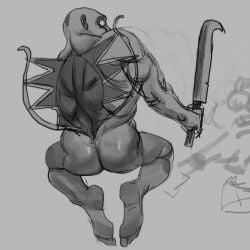 ass ass_focus bald big_ass blatodeo002 body_hair completely_nude fear_and_hunger fear_and_hunger:_termina full_body janitor_(fear_and_hunger) looking_at_viewer looking_back male male_only monochrome monster muscular_male sketch solo weapon