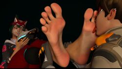 big_feet feet foot_worship kiriko_(overwatch) lesbian_domination overwatch soles tracer