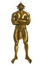 beard big_penis blatodeo002 crossed_arms deity facial_hair fear_and_hunger flaccid francois_(fear_and_hunger) full_body gold_(metal) gold_body gold_skin golden_body golden_skin helmet huge_cock looking_at_viewer male male_only muscular muscular_male penis solo standing uncensored