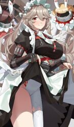 1girls absurdres alexandrina_sebastiane anastella_(zenless_zone_zero) big_breasts black_dress black_gloves breasts closed_mouth clothes_lift cowboy_shot dress dress_lift drusilla_(zenless_zone_zero) female gloves haerge hair_between_eyes highres huge_breasts juliet_sleeves light_brown_hair long_hair long_sleeves looking_at_viewer maid maid_headdress pantyhose partially_fingerless_gloves puffy_sleeves red_eyes single_leg_pantyhose smile solo white_pantyhose zenless_zone_zero