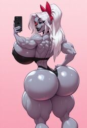 absurd_res ai_generated back_muscles back_view backboob black_bikini black_cellphone black_lipstick black_nails civitai eyepatch gideon_(style) grey_body grey_skin hairbow hazbin_hotel huge_ass huge_breasts looking_back muscular_female muscular_legs ohhie simple_background smile smiling smiling_at_viewer spindlehorse_toons toned_female vaggie_(hazbin_hotel) vivienne_medrano white_hair