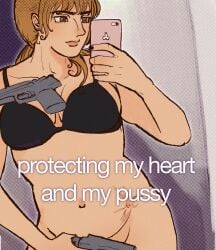 black_bra blonde_hair bottomless bra brown_eyes convenient_censoring fear_and_hunger fear_and_hunger:_termina female female_only gun humor karin_(fear_and_hunger) long_hair medium_breasts meme mirror_selfie no_panties ponytail redraw reixhiquita selfie solo weapon