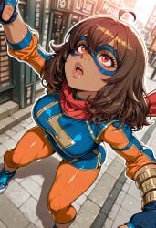 ai_generated brown_eyes brown_hair brown_skin brown_skinned_female building buildings city city_background cityscape female kamala_khan marvel marvel_comics marvel_tokon:_fighting_souls ms._marvel ms._marvel_(kamala_khan) muslim muslim_female pakistani pakistani_female shop superhero superheroine