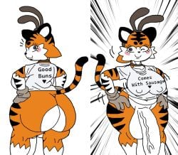1futa 2-ban_(artist) 2d big_ass big_balls big_breasts big_penis clothes futanari gloves nipples_visible_through_clothing oc orange_fur tagme taiga_stripes_(2-ban) text tiger wink