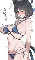 bikini black_hair blue_archive blush cat_ears cat_tail kikyou_(blue_archive) kiteman442 short_hair solo sweat white_background