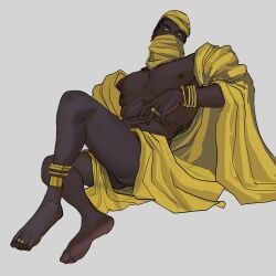 anklet ass blatodeo002 bracelets covered_mouth dark-skinned_male dark_skin fear_and_hunger fear_and_hunger:_termina feet full_body gold_(metal) gold_jewelry jewelry male male_only mouth_mask muscular muscular_male o'saa_(fear_and_hunger) rings robe scarf soles solo very_dark_skin yellow_eyes