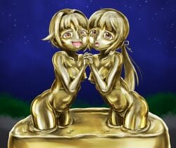 2girls blonde_hair bodypaint cheek-to-cheek colored_eyelashes facepaint gold_paint gold_skin heads_together idolmaster idolmaster_cinderella_girls interlocked_fingers koshimizu_sachiko metal_skin multiple_girls paint puffy_nipples pussy yaneura_(yaneur) yorita_yoshino