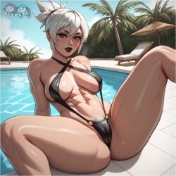 abs ai ai_generated ass bikini clothing dizelxl female female_only female_pubic_hair hairy_pussy hi_res league_of_legends league_of_legends:_wild_rift pool pubes pubic_hair pubic_hair_peek riot_games riven short_hair spread_legs thick thick_legs thick_thighs thunder_thighs tomboy toned toned_female white_hair