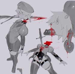 absurd_res anthro beret blood blood_in_mouth bodily_fluids bovid caprine chastity_cage chastity_device clothing death decapitation garter_straps goat gore hat headgear headless headwear hi_res kinkykong latex latex_clothing lingerie lingerie_under_uniform mammal melee_weapon necrophilia penis_through_neckhole sequence severed_body_part severed_head snuff stab sword torn_clothing uniform uniformed_male weapon