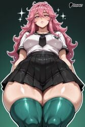 ai_generated bare_thighs big_breasts huge_breasts huge_thighs light-skinned_female light_skin long_hair looking_down low-angle_view massive_breasts oiled_body oiled_skin original pink_eyes pink_hair school_uniform schoolgirl solo_female squatting stockings sweat sweatdrop thick_body thick_female thick_thighs thighs thighs_bigger_than_head voluptuous voluptuous_female yashugai