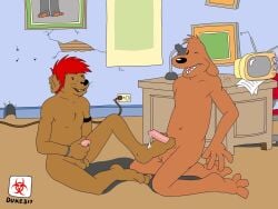 anthro bullet_hole canid canine desk duke317 duo ear_piercing ear_ring electronics feet foot_fetish foot_play footjob furniture hair humanoid looking_at_another male male/male mammal masturbation nude office one_eye_closed open_mouth piercing red_hair ring_piercing sam_and_max samuel_dog sex sharp_teeth table teeth television