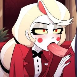 ai ai_generated anthro black_bow_tie blonde_hair blowjob cartoon_style charlie_morningstar_(hazbin_hotel) deep_blowjob deepthroat detailed_shading drooling erection fellatio female female futanari indoors licking penis red_background red_blazer red_eyes red_lipstick seductive_expression seductive_pose sucking sucking_penis white_skin