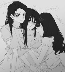 3girls absurdres blush clothes_lift commentary_request fff_threesome fingering flffy11 grabbing_another's_breast grey_hair groping group_sex hand_under_clothes hand_under_shirt heart highres korean_commentary korean_text long_hair multiple_girls original parted_lips reach-around shirt shirt_lift short_sleeves smile speech_bubble threesome translation_request yuri