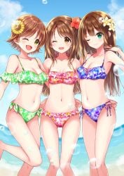 3girls bare_armpits bare_arms bare_belly bare_calves bare_chest bare_hands bare_hips bare_knees bare_legs bare_midriff bare_navel bare_shoulders bare_skin bare_thighs beach belly belly_button bikini bikini_bottom bikini_only bikini_top blue_background blue_eyes blue_eyes_female breasts brown_eyebrows brown_eyes brown_eyes_female brown_hair brown_hair_female calves character_request cleavage coast collarbone day daylight daytime exposed_armpits exposed_arms exposed_belly exposed_chest exposed_hips exposed_legs exposed_midriff exposed_navel exposed_shoulders exposed_skin exposed_thighs eye_closed eyebrows_visible_through_hair female female_focus female_only fingers flower flower_hair_ornament flower_in_hair flower_on_head full_body hair_ornament halterneck high_resolution highres hiiragi_kei honda_mio horizon idolmaster idolmaster_cinderella_girls knees lean_figure long_hair looking_at_viewer medium_breasts midriff multiple_females multiple_girls narrow_waist navel ocean one_eye_closed one_eye_open open_mouth open_mouth_smile outdoor outdoors outside parted_lips ponytail sand sea seaside short_hair shoulders side-tie_bikini side_ponytail slender_body slender_waist slim_waist small_breasts standing string_bikini swimsuit swimwear the_idolm@ster the_idolm@ster_cinderella_girls thick_thighs thigh_gap thighs tongue wink winking winking_at_viewer winking_eye yellow_eyes yellow_eyes_female