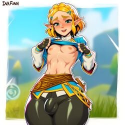 1boy abs ai_generated androgynous balls blonde_hair breath_of_the_wild demigoddess exposed_chest femboy girly green_eyes hylian inkfunn looking_down male nintendo nipples penis penis_outline pointy_ears princess princess_zelda royalty rule_63 solo testicles the_legend_of_zelda trap zelda_(breath_of_the_wild)