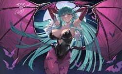 1girl 1girls bat bat_print bat_wings big_breasts capcom darkstalkers green_eyes green_hair latex_body latex_leotard long_hair looking_at_viewer moon morrigan_aensland smile smiling_at_viewer solo vampire_(game) vampire_savior