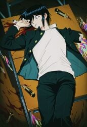 1boy absurdres amputee black_eyes black_hair bleeding blood blood_from_mouth classroom death desk eyeball gakuran guro highres indoors injury looking_to_the_side lying male male_focus on_back parted_lips rainbow_blood randal's_friends school_desk school_uniform shirt short_hair solo tsukada_satoru uri_ka55 white_shirt