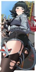 1girls absurdres animal_ears ass big_ass black_hair blush breasts ear_piercing female fingerless_gloves fingernails fur-trimmed_jacket fur_trim garter_straps gloves grey_eyes grey_jacket haerge high-waist_shorts highres impossible_shorts jacket jane_doe_(zenless_zone_zero) large_breasts long_fingernails long_hair long_tail looking_at_viewer mouse_ears mouse_girl mouse_tail multicolored_hair pantyhose piercing red_hair red_nails sharp_tail short_shorts shorts single_garter_strap single_leg_pantyhose smile solo tail tail_around_own_leg thighhighs torn_clothes torn_pantyhose torn_thighhighs zenless_zone_zero