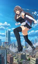 1girls big_breasts big_breasts breasts breasts brown_hair brown_hair brown_hair_female brunette_hair city city_destruction clothed clothed_female destruction female female_focus female_only light-skinned_female light_skin long_hair long_hair_female maid maid_outfit maid_uniform solo solo_female solo_focus yosuke_shibass