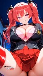 ai_generated black_shirt black_thighhighs boosterred99 bra collar firika_mia_shatana illustrious_(stable_diffusion) long_hair nukidoki! pony_diffusion_xl pov pov_eye_contact purple_eyes red_hair red_skirt seductive_smile shirt skirt thick_thighs thighs twintails underwear