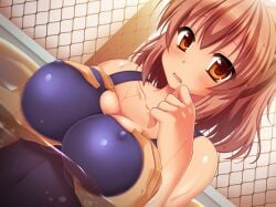 1boy 1girl aomi_riru blue_one-piece_swimsuit blush breasts brown_eyes brown_hair chain-link_fence cleavage closed_mouth collarbone covered_nipples dutch_angle embarrassed fence game_asset grabbing_another's_breast groping hair_between_eyes hetero large_breasts large_variant_set non-web_source official_art one-piece_swimsuit pool pov pov_hands raised_inner_eyebrows school_swimsuit self-datamine sidelocks standing swimsuit tan toriumi_hinata underwear upper_body variant_set visual_novel_cg water yumemi_ga_cheek!