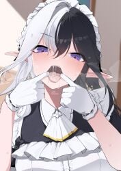 absurdres apron black_hair blush commission cum cum_in_mouth earrings eileennoir female finger_in_own_mouth gloves gokkun highres indie_virtual_youtuber jewelry long_hair looking_at_viewer maid maid_apron maid_headdress multicolored_hair open_mouth oral_invitation pointy_ears purple_eyes saliva short_sleeves skeb_commission solo sweat teeth tongue tongue_out two-tone_hair upper_teeth_only virtual_youtuber white_apron white_gloves white_hair yanagui_yugi