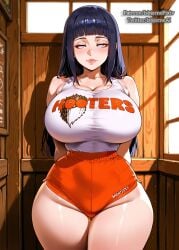 ai_generated arms_behind_back bangs bare_shoulders black_eyes black_hair blacked blue_hair blunt_bangs blush breasts cheating cleavage clothes_writing cuckold cuckolding curvy dark-skinned_male employee_uniform female huge_breasts hyuuga_hinata indoors isbjorne lips long_hair looking_at_viewer name_tag naruto naruto_(series) netorare no_legwear orange_shorts purple_eyes purple_hair short_shorts shorts solo standing tank_top thick_thighs thighs waitress window