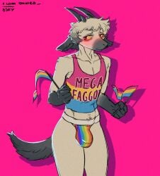 2025 absurd_res anthro athletic athletic_anthro athletic_male big_bulge blush bovid bulge caprine clothed clothing english_text flag flag_(object) fur goat hair hi_res holding_flag holding_object homophobic_slur horn jockstrap lgbt_pride lgbt_pride_month male mammal midriff narrowed_eyes pansexual_pride_colors pink_background pride_color_clothing pride_color_flag pride_color_jockstrap pride_color_tank_top pride_color_underwear pride_colors querq rainbow_pride_colors shadow shirt simple_background slur solo standing super_gay tank_top text text_on_clothing text_on_shirt text_on_tank_top text_on_topwear topwear tuft underwear url