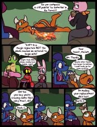 2025 2_horns 4_fingers amphibian anthro black_clothing black_glans black_jacket black_penis black_topwear blue_body blue_clothing blue_eyes blue_pupils blue_robe blue_scales bottomless bottomwear bread brown_pupils campfire caspar_(ultilix) claws clothed clothing comic cute_fangs demon dialogue dragon eating eating_food english_text european_mythology fangs female finger_claws fingers fire flaccid food forest frog genitals glans green_body green_eyes green_pupils green_skin group hair hi_res holding_food holding_object horn humanoid humanoid_genitalia humanoid_penis jacket kerchief lagomorph leo_the_magician leporid log male mammal mythological_creature mythological_scalie mythology onomatopoeia open_clothing open_jacket open_topwear orange_body orange_eyes orange_kerchief orange_scales outside pants penis pink_body pink_clothing pink_hair pink_shirt pink_skin pink_topwear plant pupils purple_bottomwear purple_clothing purple_eyes purple_hair purple_pants purple_pupils purple_shirt purple_topwear rabbit red_bottomwear red_clothing red_pants red_robe robe ruby_(ultilix) scales scalie shadow_creature shirt short_tail slit_pupils smile smirk sound_effects speech_bubble tail teeth text to-be-named-later toast topless topwear tree ultilix wes_(ultilix) western_dragon white_claws white_horn white_inner_ear wood yellow_body yellow_skin