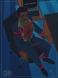 1boy body_hair chest_hair cock dark_skin dress_shoes emetofiles facial_hair male male_only office_chair partially_clothed penis_through_fly rope_bondage seth_milchick severance smile suit suit_and_tie