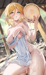 1girls :o alternate_breast_size bath bathing big_breasts blonde_hair blush breasts cleavage female heavy_breathing highres large_breasts nintendo nude onsen open_mouth pointy_ears princess_zelda short_hair shuri_(84k) steam the_legend_of_zelda thighs water wet wet_hair