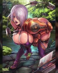 armored_gloves ass bending_forward big_ass big_breasts big_butt breasts detailed_background female high_heels isabella_valentine namco namco_bandai purple_clothing purple_latex purple_lipstick reiq short_hair signature soul_calibur soul_calibur_vi sword whip_sword white_hair