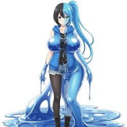 2girls ai_generated black_boots black_hair black_legwear black_shirt blue_eyes blue_hair blue_hoodie breasts cleavage female fusion green_eyes hair human_female large_breasts long medium_breasts nude ponytail short_hair sleeveless_shirt slime slime_girl transformation transformation_sequence
