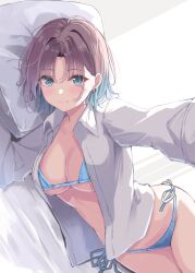 asakura_toru bare_legs bare_thighs bed bed_sheet big_breasts bikini bikini_under_clothes blue_bikini blue_eyes blush breasts cleavage closed_mouth collarbone earrings hatsu_(first_snow) idolmaster idolmaster_shiny_colors lying multicolored_hair on_side open_shirt purple_hair shirt short_hair side-tie_bikini_bottom smile thighs underboob white_shirt