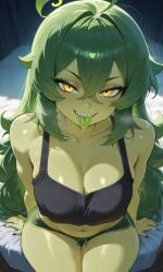 ai_generated bigbizarts curvaceous green_hair green_skinned_female leaf_hair looking_at_viewer medium_breasts on_bed original_character plant plant_girl saliva_drip seductive_smile sharp_teeth slit_pupils solo thick_thighs tounge_out wendy_(bigbizarts) yellow_eyes