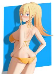 1girls artist_name ass big_ass big_breasts bikini blonde_hair blue_eyes blush breasts busty butt_crack darkness_(konosuba) female female_only hair_ribbon half-closed_eyes hands_on_hips highres kono_subarashii_sekai_ni_shukufuku_wo! large_breasts legs long_hair ponytail pose posing ribbon seductive seductive_look seductive_smile sideboob smile solo swimsuit thighs tongue voluptuous yellow_bikini