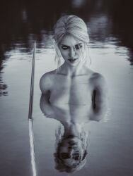 3d bathing black_and_white breasts cd_projekt_red ciri completely_nude elisanetishar female freckles lake light-skinned_female looking_at_viewer mascara nipples nude scar solo solo_female sword the_witcher_(series) the_witcher_3:_wild_hunt water_reflection white_hair