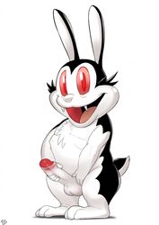 1boy anthro balls bunnicula bunnicula_(series) erection holding_penis humanoid_penis lagomorph looking_at_viewer male male_only mammal nude open_mouth partially_retracted_foreskin penis rabbit seyrmo signature smile solo standing uncut vampire