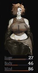 armor artstyle_imitation big_breasts breastplate cahara cahara_(cosplay) curvy elbow_gloves fanatik_vanya fear_and_hunger female female_only fully_clothed game_ui gameplay_mechanics hair_over_one_eye hourglass_figure looking_at_viewer orange_hair original_character pale-skinned_male pale_skin pubic_hair pubic_hair_peek short_hair solo wide_hips