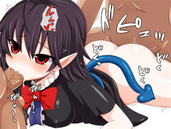 2boys ass asymmetrical_wings black_dress black_hair blush bottomless bow bowtie breasts clothed_female_nude_male cum cum_in_mouth dress fellatio female group_sex male medium_breasts monaka_(gatinemiku) motion_lines multiple_boys nude nue_houjuu oral pointy_ears red_bow red_bowtie red_eyes sex short_hair short_sleeves solo_focus spitroast touhou twitching wings